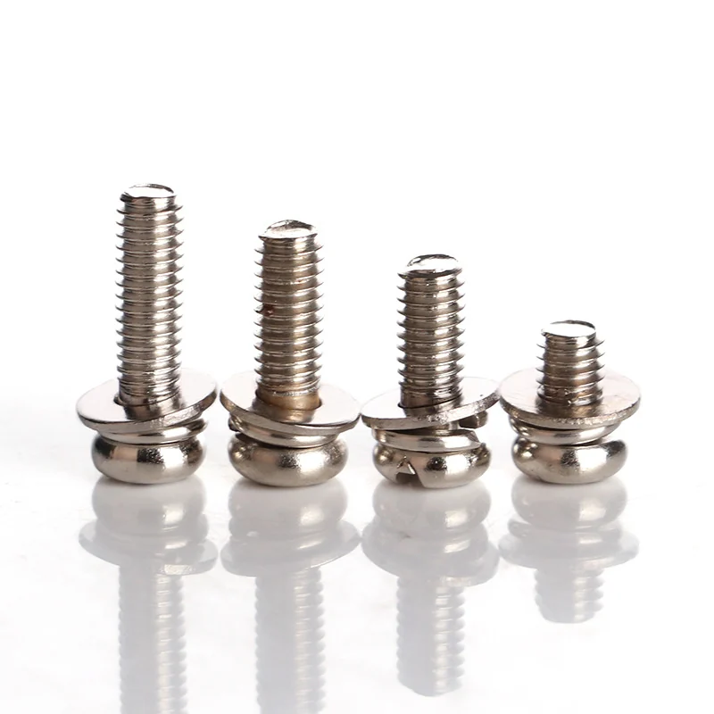 Cross-Recessed Round Head III Combination Screws M2M2.5M3M4M5M6 Pan Head With Flat Spring Washers Combination Machine Thread Screws Nickel-Plated