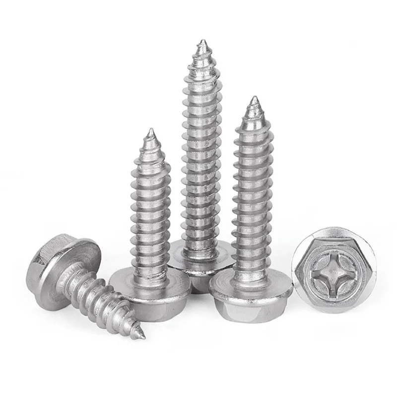 304 Stainless Steel Cross-Recessed Cave Flanged Hex Head Self-Tapping Screws Pointed Tip With Washer Wood Screws M3M4M5M6