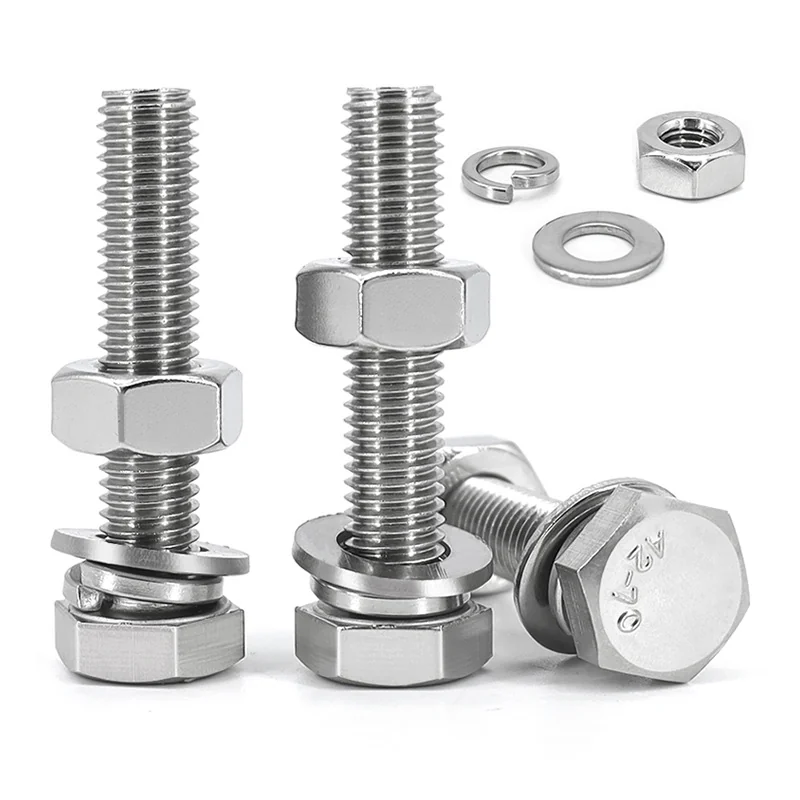 304 Stainless Steel Hex Head Bolts Screws Nuts Fastener Kits Flat Spring Washers M4M5M6M8M10M12