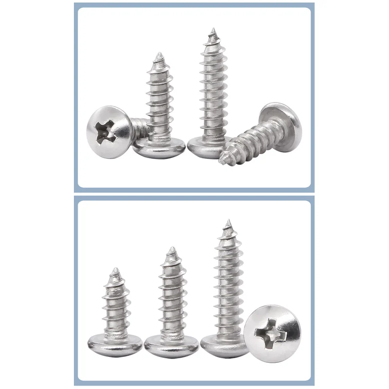 Stainless Steel Round Head Cross-Recessed Self-Tapping Screws 304 Pan Head Pointed Tip PA