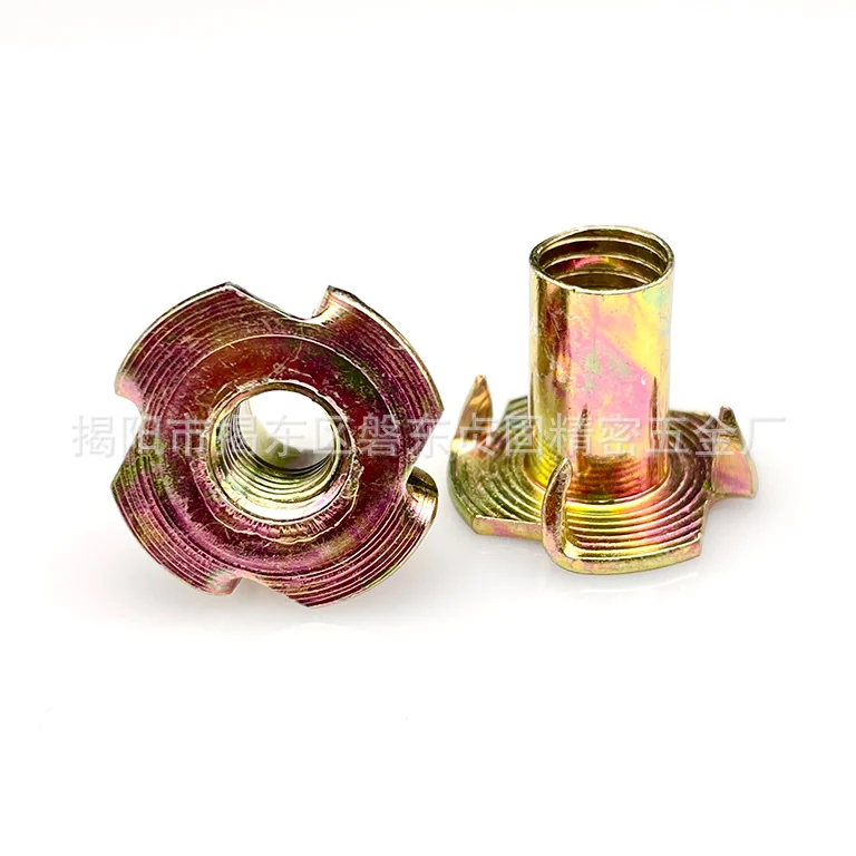 Carbon Steel Zinc-Plated Partially Threaded Furniture Four-Prong T-Nuts Yellow Zinc-Plated Blue Zinc Fully Threaded Square Screw Furniture Back Plate Connecting Rivet Nuts