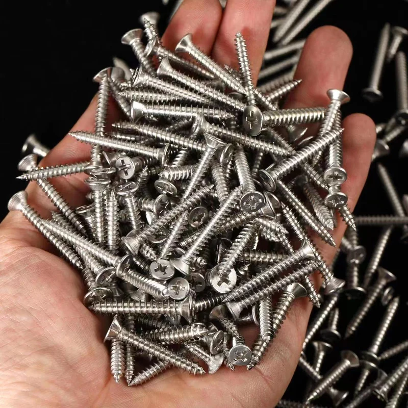 304 Stainless Steel Countersunk Head Cross-Recessed Self-Tapping Screws Flat Head Pointed Tip Wood Thread KA Chipboard Coarse Thread