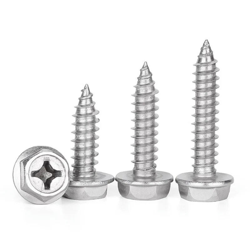 304 Stainless Steel Cross-Recessed Cave Flanged Hex Head Self-Tapping Screws Pointed Tip With Washer Wood Screws M3M4M5M6
