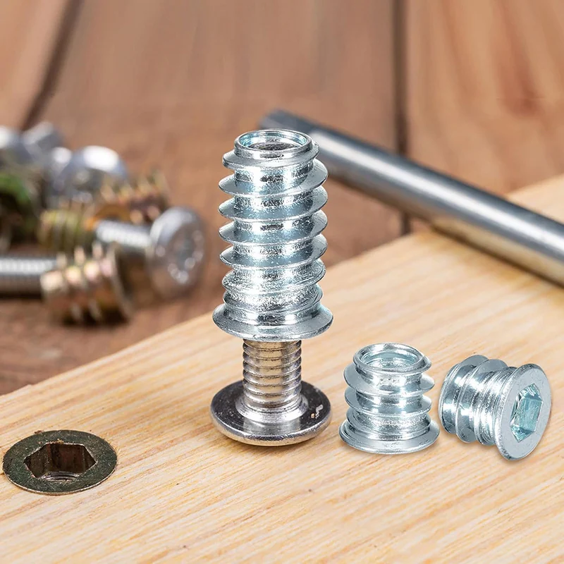 Imperial / Metric White Zinc-Plated Countersunk Head Internal and External Threaded Insert Nuts Furniture Embedded Woodworking Connecting Pieces M4M5M6M8