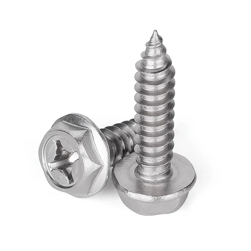 304 Stainless Steel Cross-Recessed Cave Flanged Hex Head Self-Tapping Screws Pointed Tip With Washer Wood Screws M3M4M5M6