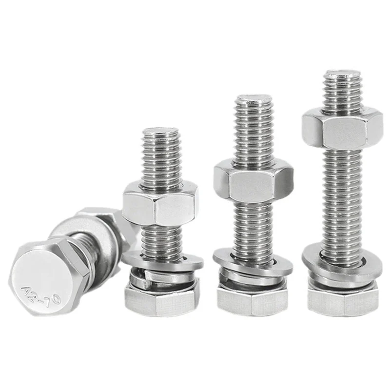 304 Stainless Steel Hex Head Bolts Screws Nuts Fastener Kits Flat Spring Washers M4M5M6M8M10M12