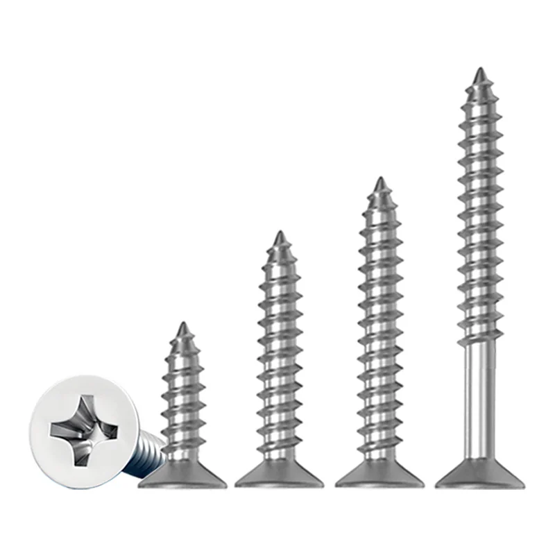 304 Stainless Steel Cross-Recessed Countersunk Head Woodworking Long Self-Tapping Screws Flat Head Wood M4