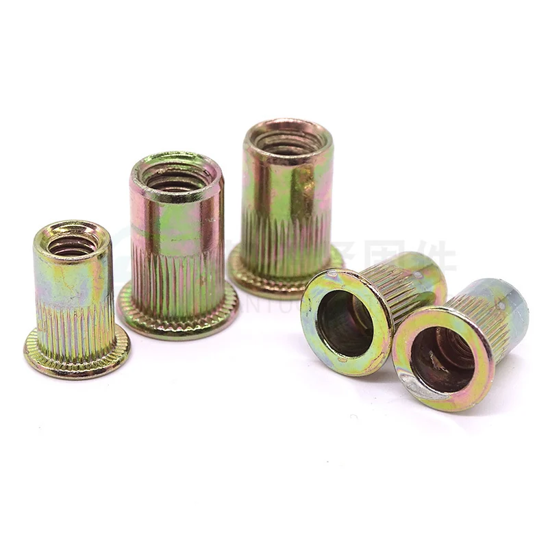 Knurled Rivet Nuts Plated Yellow Zinc-Plated Flat Head Straight Knurl Rivet Zinc-Plated Partial Hex