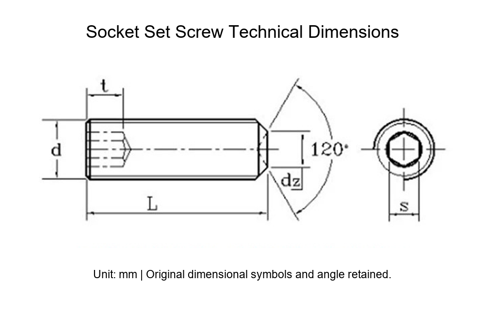 Grade 12.9 Cup-Point Hex Socket Set Screws, M3-M20 - Technical Dimensions