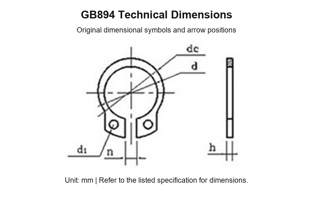 Black GB894 External Retaining Rings (Circlips), 50# Steel / 65Mn - Technical Dimensions