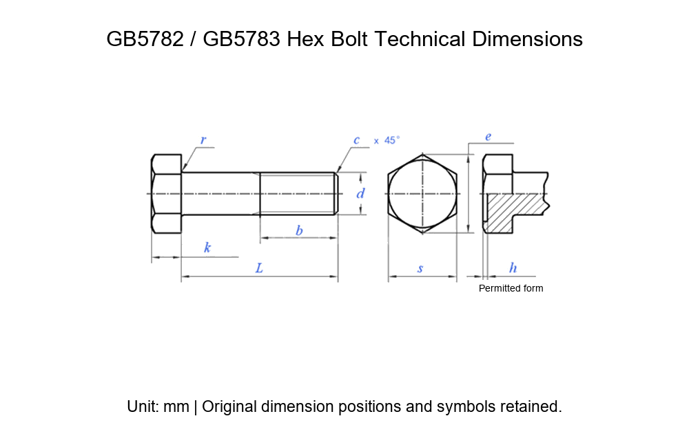 Grade 8.8 Blackened Hex Head Bolts, Extended Lengths and Left-Hand Options, M6/M8/M10/M12/M36 - Technical Dimensions