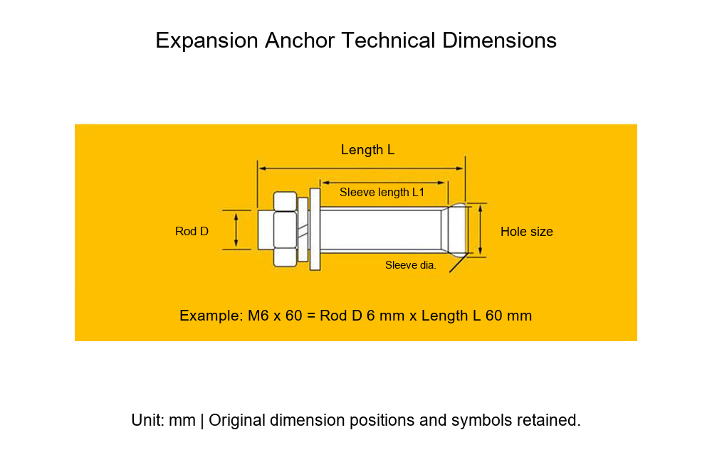 Yellow-Zinc-Plated Expansion Anchor Bolts, Extended Lengths, M6/M8/M10/M12 - Technical Dimensions