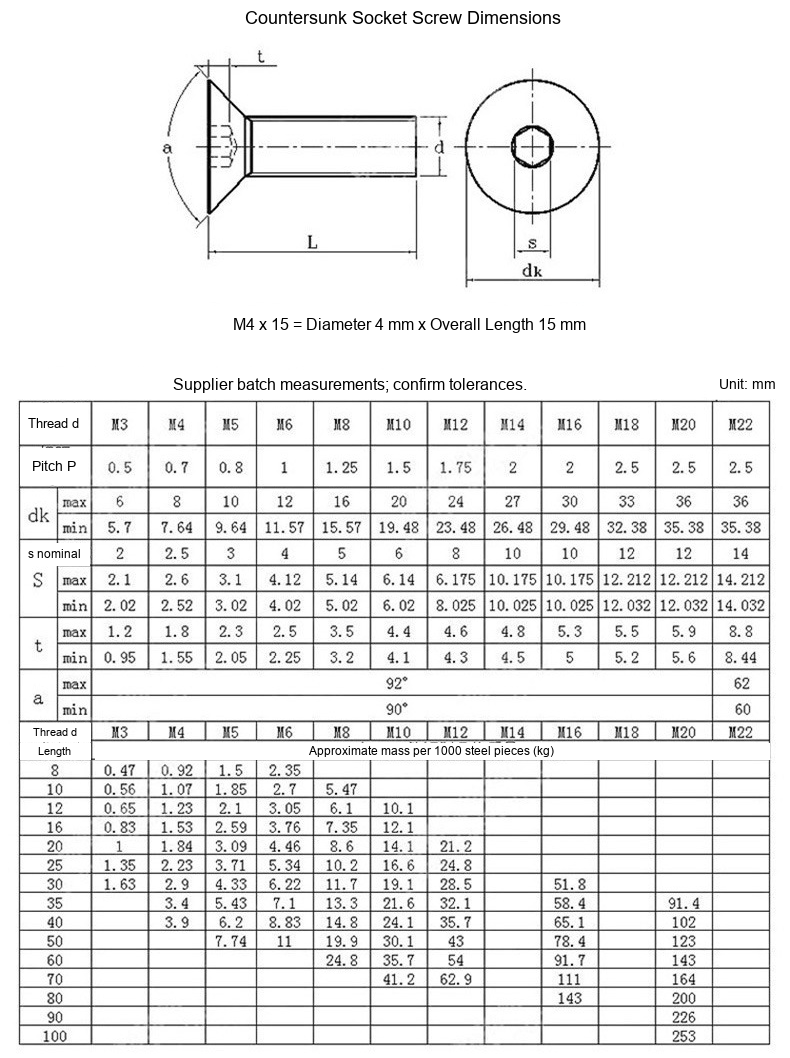 Grade 10.9 Carbon Steel Countersunk Hex Socket Screws, M3/M4/M5/M6 - Technical Dimensions