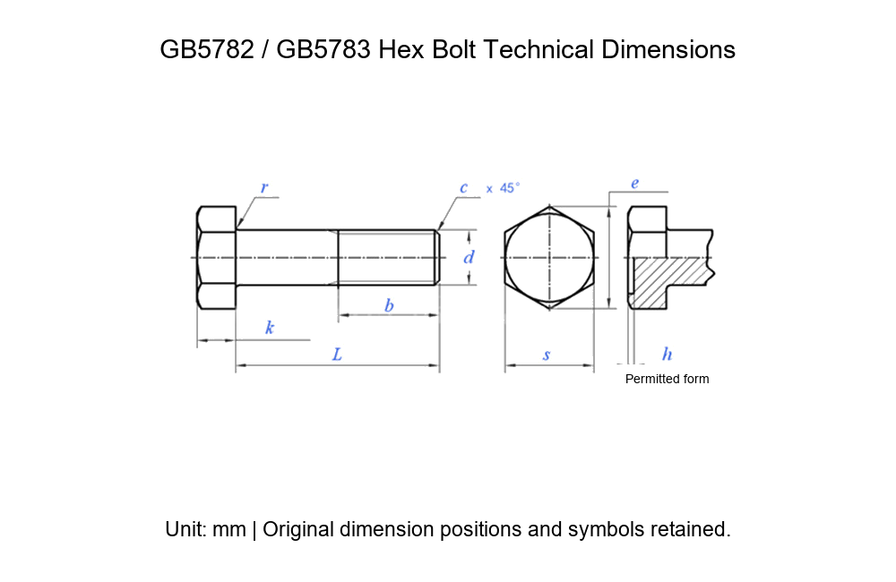 Grade 8.8 Yellow-Zinc-Plated Hex Bolts, GB5783, M5/M6/M8/M10/M12/M30 - Technical Dimensions