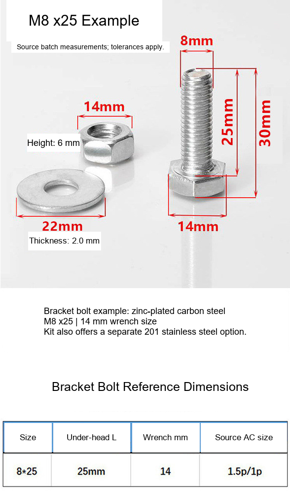Air Conditioner Mounting Fastener Kits, Yellow Zinc-Plated / 201 Stainless Steel, 1-1.5P - Technical Dimensions