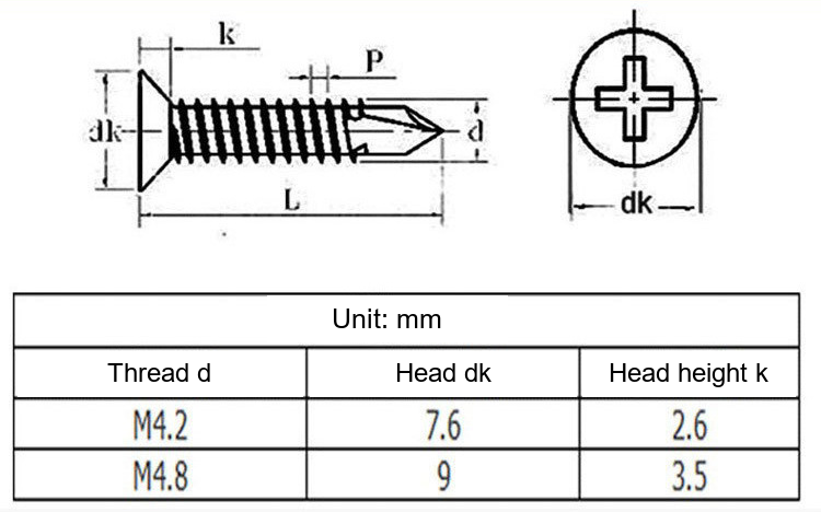 Zinc-Plated Phillips Countersunk Self-Drilling Screws, 4.2 / 4.8 mm - Technical Dimensions
