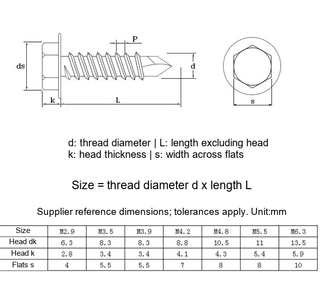 Yellow Zinc-Plated Hex Flange Head Self-Drilling Screws for Sheet Metal - Technical Dimensions