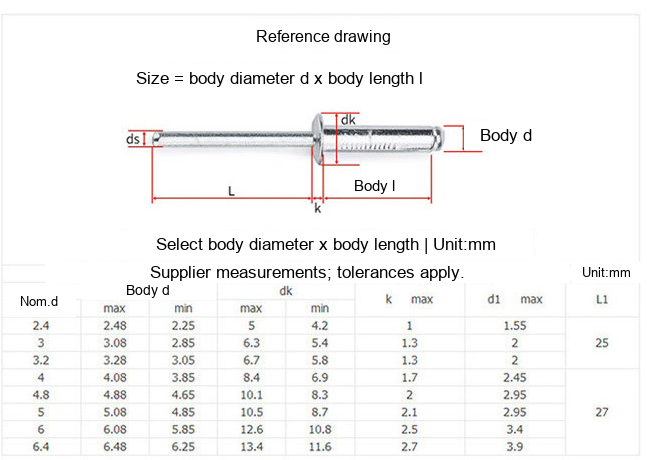 Aluminium Open-End Round Head Blind Rivets, M3.2 / M4 / M5 - Technical Dimensions