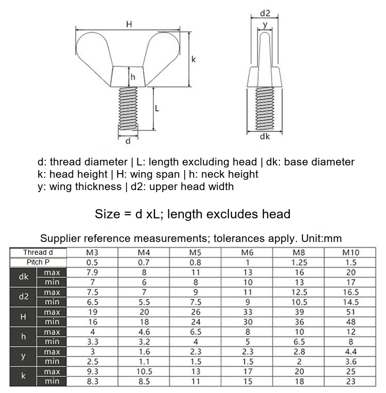 304 Stainless Steel Wing Screws, Butterfly Thumb Bolts - Technical Dimensions