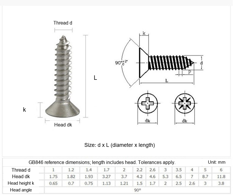 304 Stainless Steel Phillips Countersunk Self-Tapping Wood Screws, Extended Lengths, M3-M8 - Technical Dimensions