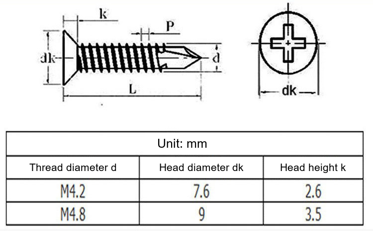 Zinc-Plated Iron Phillips Countersunk Self-Drilling Screws, M4.2 / M4.8 - Technical Dimensions