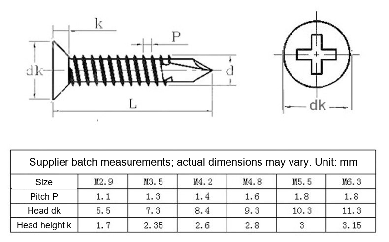 410 Stainless Steel Phillips Countersunk Self-Drilling Screws, M4.2 / M4.8 - Technical Dimensions
