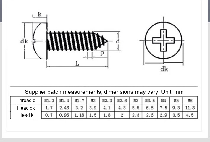 Hardened Zinc-Plated Iron Phillips Pan Head Self-Tapping Screws, M3 / M4 / M5 / M6 - Technical Dimensions