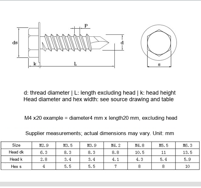 Yellow Zinc-Plated Hex Flange Head Self-Drilling Screws for Steel Sheet - Technical Dimensions
