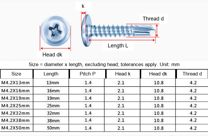 Zinc-Plated Iron Phillips Large Flat Head Self-Drilling Screws, M4.2 / M4.8 - Technical Dimensions