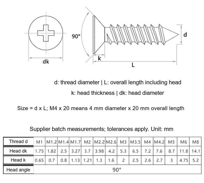Zinc-Plated Iron Phillips Countersunk Self-Tapping Wood Screws, M3 / M4 / M5 / M6 - Technical Dimensions