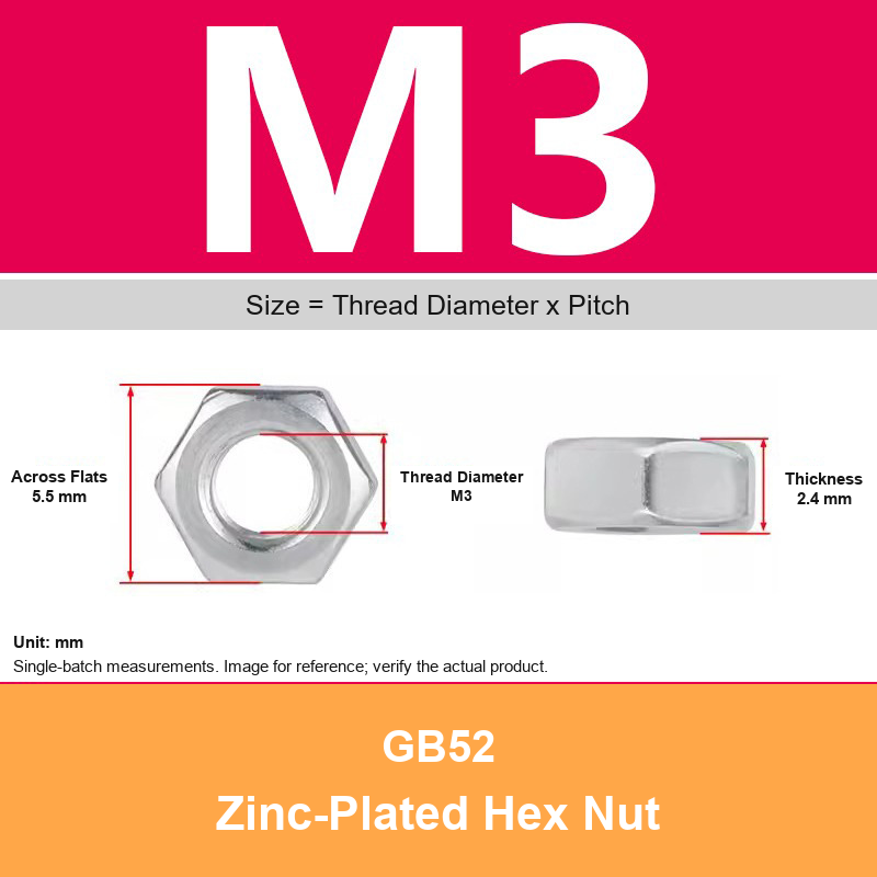 White-Zinc-Plated GB52 Carbon Steel Hex Nuts, M3-M42 - Technical Dimensions